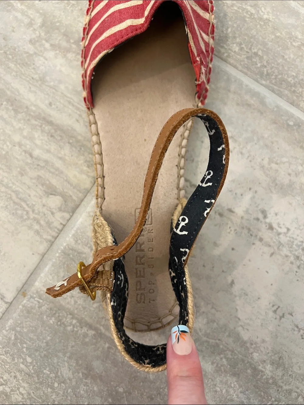 Sperry Red and Cream Striped Espadrille Sandals with Anchor-Print Ankle Strap